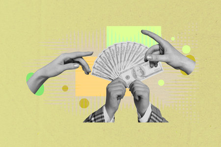 Creative full image artwork pop collage of hands point dollar banknote payment finance capital profit bonus bank transactionの写真素材