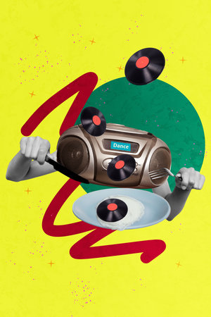 Composite sketch design artwork photo collage of radio boombox body hand hold knife firk eat vinyl...