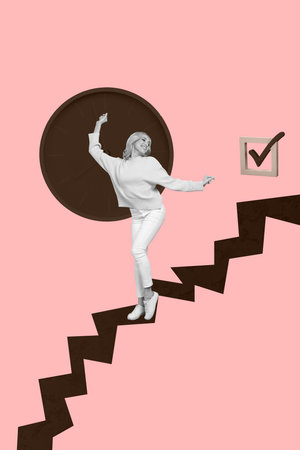 Banner image sketch 3d collage poster of happy business girl guy stand checkmark symbol success promotion concept development careerの写真素材