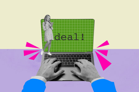 Creative full art collage of hands type laptop development deal happy businessman businesswoman career promotion successの写真素材