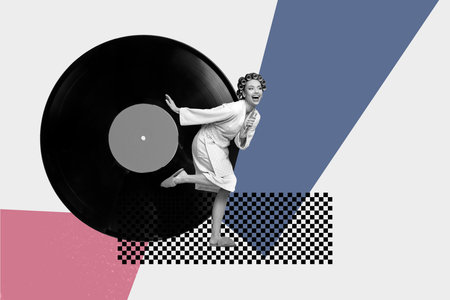 3d sketch image vertical collage of happy girl guy stand vinyl disk celebration event player retro music celebration holidayの写真素材