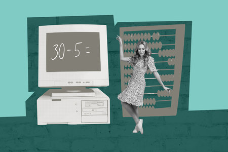 Exclusive sketch collage of astonished girl accountant stand pc monitor example abacus count elearn...