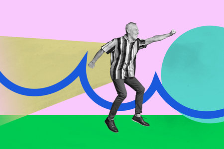 Full 3d poster art photo collage of happy businesswoman businessman run geometric figure development career progress statsの写真素材