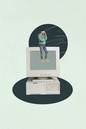 Vertical 3d poster art pop collage of happy businesswoman businessman stand pc monitor desktop mouse tool freelancer occupationの写真素材