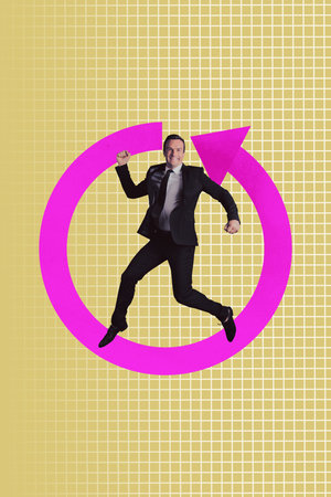 Image pop 3d vertical collage of happy businessman businesswoman stand arrow development career chance promotion employeeの写真素材