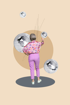 3d sketch image vertical collage of happy girl guy dance disco ball friday mood celebration party...
