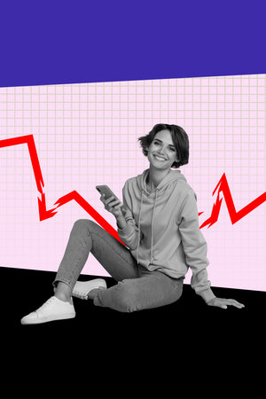 Banner 3d art pop image collage of happy businesswoman businessman stand graph development economy...