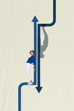 Creative photo collage trend artwork of young lady shocked stand hand hold arrow different direction...