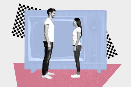 Image trendy art banner collage of two happy girl guy dance together retro tv screen channel disco valentine holiday feelingsの写真素材