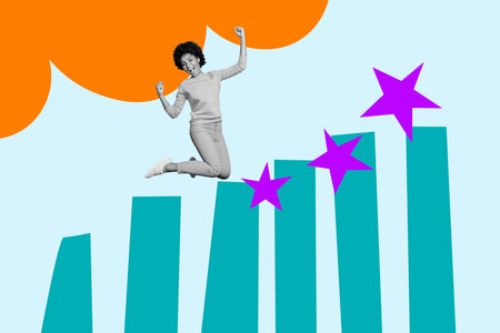 Banner image 3d artwork photo collage of happy businesswoman businessman stand development chart aim...