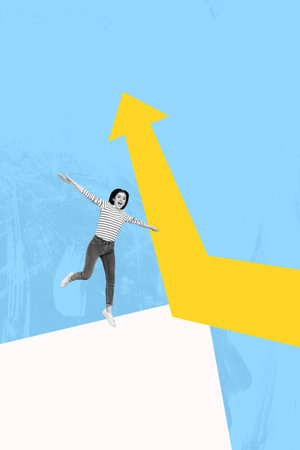 Collage of successful person near large rising arrow or stats symbolizing financial growth business progress motivationの写真素材