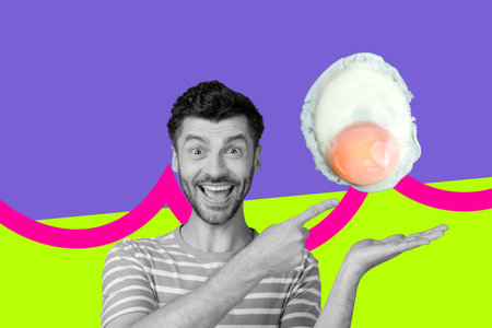 Full image 3d pop artwork photo collage of happy girl guy stand fried egg yolk protein healthy...