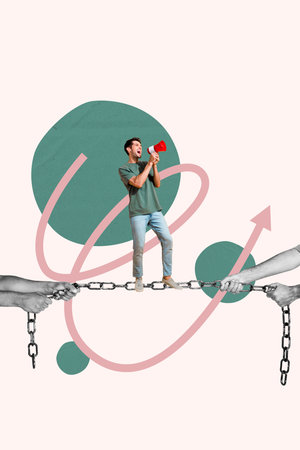 Collage of funny person navigating tangled lines symbolizing confusion challenge complexity business...