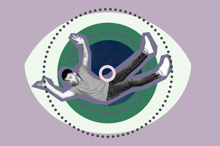 Collage of stressed person under large symbolic eye representing surveillance spying fear control...