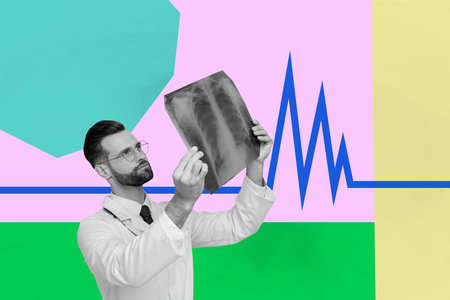 Composite artwork photo collage trend template of happy doctor young woman man cardiologist stand...