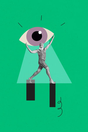 Template image composite artwork collage of aged man fashion style glamour hold eyeball swimwear walk block remote control escape look spyの写真素材