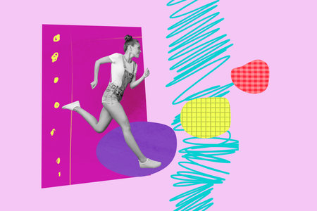 Full 3d poster art photo collage of happy businesswoman businessman run geometric figure development career progress statsの写真素材