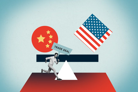 Collage trend artwork composite sketch poster of american china flag investment trade war market conflict young man smile run hurry fastの写真素材