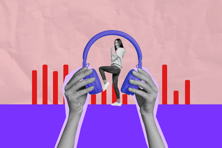 Full 3d art banner photo collage of happy girl guy dance hands hold headphones music chart disco...