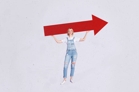 Trend artwork template design collage sketch of young woman stand smile hand hold arrow way...