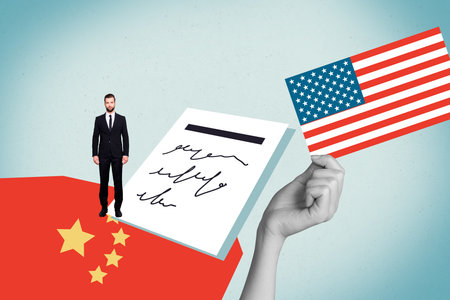 Template sketch composite artwork collage of young man stand china flag contract hand hold usa world trade war business decline crisisの写真素材