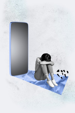 Vertical poster art collage of happy businesswoman businessman stand phone screen workload tension it-specialist workaholicの写真素材