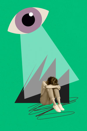 Trend artwork sketch design montage collage of young lady sit down cover head stress depressed hide discover search control watch escapeの写真素材
