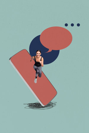 Sketch poster art photo collage of happy girl guy stand smartphone bubble notification correspondence speech icon messageの写真素材