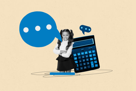 Full 3d art trend collage of happy cute schoolgirl stand calculator device bubble communication speech math subject homeworkの写真素材
