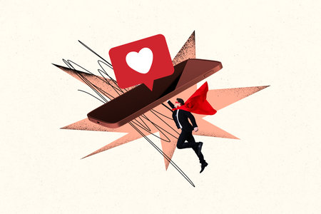 Composite sketch design artwork 3D photo collage of young man superhero fly huge smartphone like network follow media influencer bloggerの写真素材