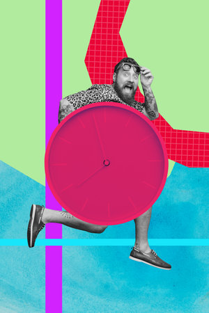 Vertical zine art pop image collage of happy business girl guy stand deadline clock expire limit...