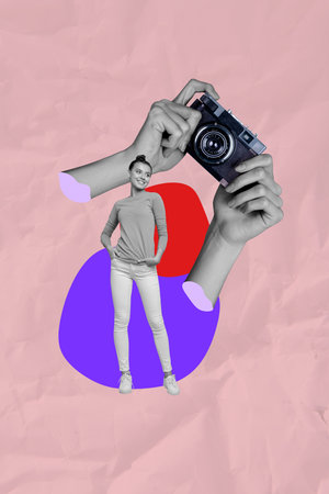 Exclusive magazine picture sketch collage image of happy girl guy pose retro camera hand cadre shooting paparazzi photo-zoneの写真素材