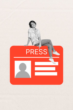 3d pop image vertical art collage of happy correspondent pretty girl stand badge journalist worker occupation press podcasterの写真素材