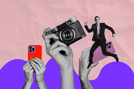 Banner 3d image pop full collage of happy girl guy sit hands hold retro camera shooting modern smartphone paparazzi captureの写真素材