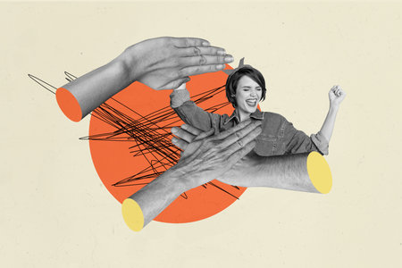 Composite image art photo collage of puzzled girl guy stand hand show palm gesture punch offender bullying tension conceptの写真素材