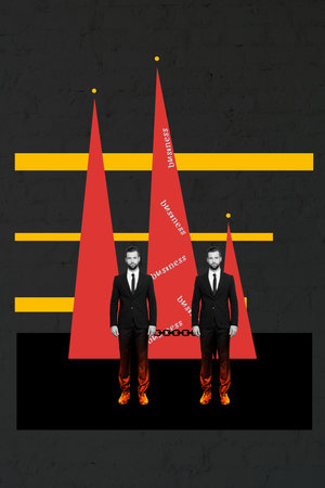 Trend sketch design montage 3D collage of trader business target charts stats two man twins stand...