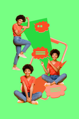 Image pop 3d zine vertical collage of happy girl guy stand phone device communication message icon dialogue speech conversationの写真素材
