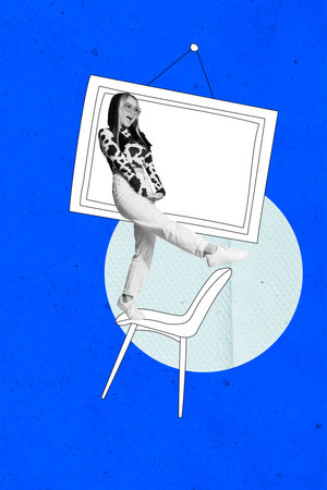 Sketch vertical photo pop collage of happy businesswoman businessman stand office room stool picture...