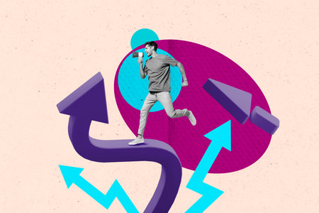 Collage of successful person near large rising arrow or stats symbolizing financial growth business...