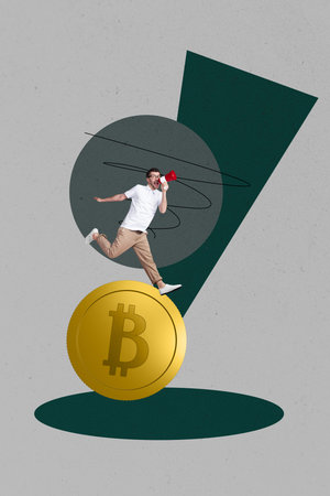 Pop trendy 3d zine vertical art collage of happy businesswoman businessman receive crypto coin bitcoin income profit capitalの写真素材