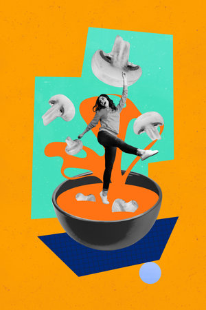 3d pop image vertical art collage of happy girl chef cook soup tomato liquid mushroom ingredient diet slimming healthcareの写真素材
