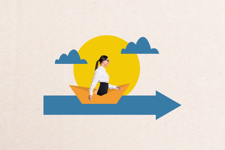 Trend artwork banner sketch collage of arrow point abroad travel global destination vacation agency sea paper boat young lady sit smileの写真素材