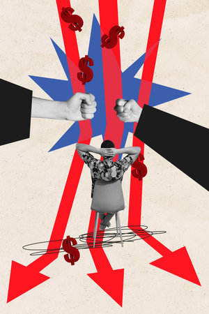 3D photo collage trend sketch of arrow down dollars hand fist gesture forex investor inflation loss economy reduction man sit armchairの写真素材
