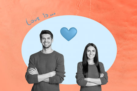 Composite image art photo collage of two happy girl guy celebrate valentine day heart postcard bonding feelings romanceの写真素材