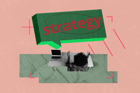 Exclusive creative collage of happy businessman businesswoman sit back strategy bubble aim...