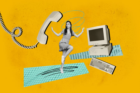 Full 3d zine pop trend collage of happy operator girl guy stand pc monitor telephone handset...