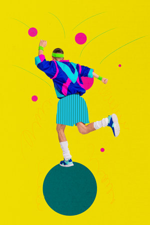 Creative composite sketch design artwork collage of young man run dance wear retro style sportsuit...