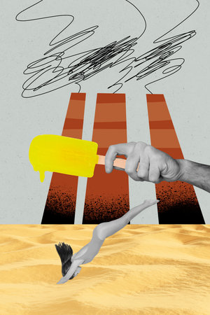 Trend artwork collage composite sketch of global warming hand hold ice cream young lady dive sand activist pollution ecological problemの写真素材