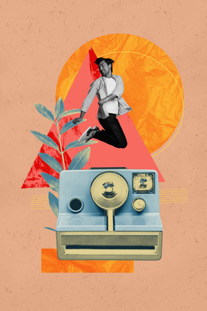 Banner art creative trend collage of happy girl guy stand photo-zone photo camera shooting retro device paparazzi cadre captureの写真素材