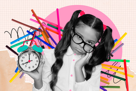 Composite 3d art pop image collage of bored exhausted schoolgirl hold clock colorful felt pen education concept back to schoolの写真素材